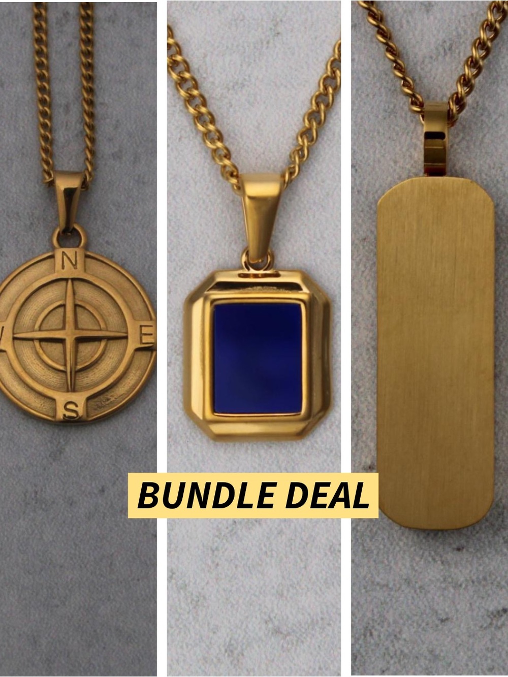 Gold Pendant Necklace Set - Compass / Blue Enamel / Bar